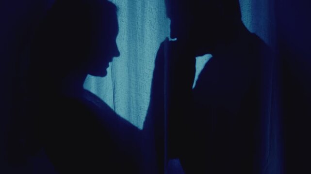 Black shadow silhouette two person, loving couple man face lips kissing female hahds sexy beauty young woman in dark room blue moon light. Adult girl happy guy looking at each other with fall in love