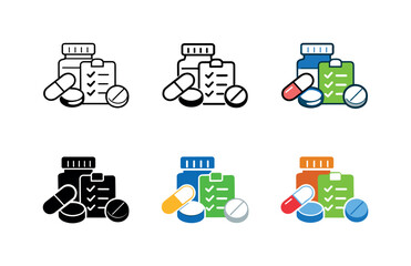 Safe medication icon showing stylized capsules, pills, and bottles with checklists representing tracking, scheduling, and