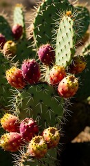 Prickly Pear Cactus with Ripe Fruit in the Desert Sunlight.