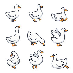 Funny White Duck Poses Flat Vector Illustration Set