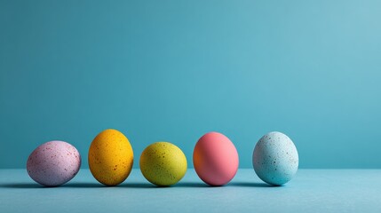 Five colorful speckled Easter eggs sit in a row against a blue background, with space above
