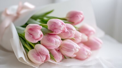 Naklejka premium Spring season, garden, flower, fresh, life. A vibrant bouquet of pink tulips wrapped in white paper, set against a soft, blurred background. The tulips are the main subject.