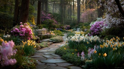 Fototapeta premium Spring season, garden, flower, fresh, life. A lush garden with a stone path winding through it, adorned with a variety of flowers in pink, yellow, white, and purple.