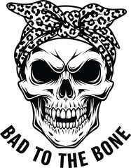 Obraz premium Vintage skull illustration with bandana, bold tattoo style graphic design, edgy black and white vector artwork