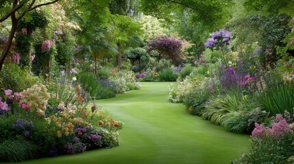 Obraz premium Spring season, garden, flower, fresh, life. A lush garden filled with a variety of plants and flowers, including trees and grass, set against a backdrop of a clear blue sky.