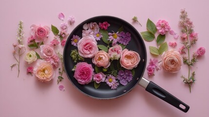 Overhead view shows a black skillet filled with colorful blooms, surrounded by additional flowers and petals on a pink surface