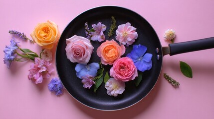 A black frying pan filled with colorful flowers and green leaves, arranged on a pastel pink surface. The handle is to the right