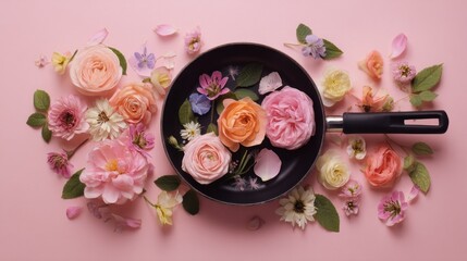 A black skillet is filled with roses and other flowers, surrounded by more blooms, all arranged on a pink background