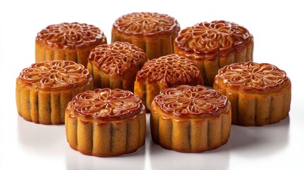 Eight intricately designed, golden-brown pastries sit on a stark white surface. Each features a detailed top and a rounded body