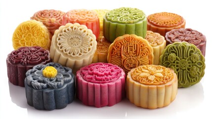 A vibrant collection of ornate, circular pastries in various colors and intricate designs, closely packed together