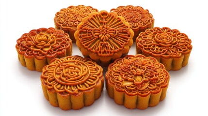 A close-up showcases six golden, intricately patterned pastries, each with unique embossed designs. They sit on a white surface, suggesting a festive occasion