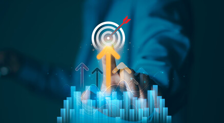 financial success concept, corporate goal achievement, revenue increase strategy, performance analytics, investment growth. Businessman touch digital growth chart with target arrow and rising arrows © Krittamet