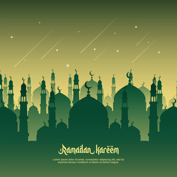 Ramadan Kareem Mubarak Festive Background Mosque Minaret Silhouettes Starry Night Sky Vector-01.eps