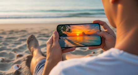 Person views vibrant tropical sunset scene displayed on a modern handheld electronic device while relaxing on the shore