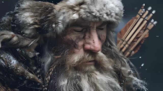 Man with long beard and arrows in snowy setting during winter