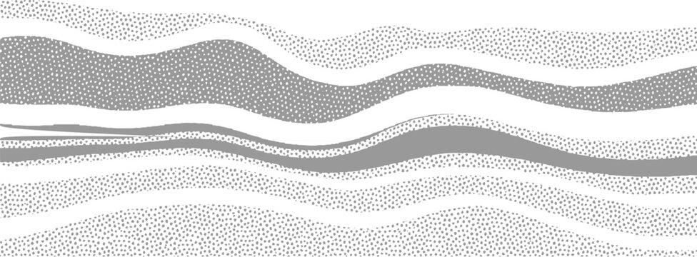 Abstract wavy layers of grey dots and solid grey bands on white background texture pattern