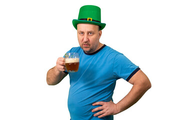 Man wearing green leprechaun hat holding pint of beer with surprised expression. St. Patricks Day holiday celebration. Irish tradition and festive drinking fun concept. photography