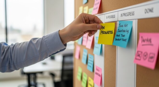 Agile project management A hand places a sticky note on a Kanban board
