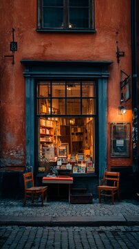 A cozy bookstore facade glows warmly, inviting patrons in from a cobblestone street, with chairs out front