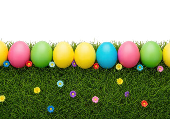 Fototapeta premium A vibrant and colorful easter egg hunt scene on a lush green lawn. isolated on transparent background