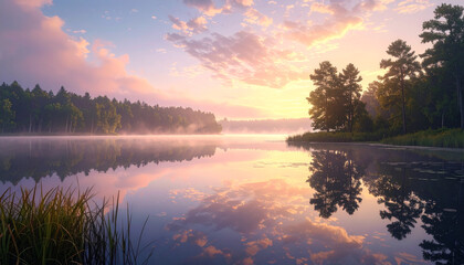 Fototapeta premium Wide shot of a calm lake at sunrise, soft mist over water, reflections of trees.