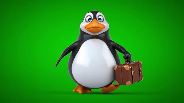 A cheerful animated penguin holding a suitcase against a green background, evoking feelings of adventure and travel.