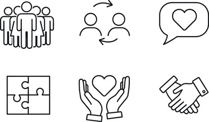 Fototapeta premium Team Collaboration and Social Support Line Icon Set with Community Group, Partnership Exchange, Care Heart and Handshake Symbols
