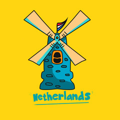 The Netherlands windmill on yellow background 