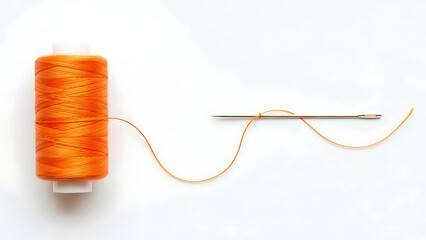 Orange thread and needle on white background