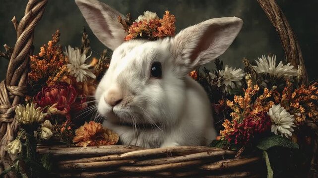 Rabbit sits in a basket filled with flowers in a cozy indoor setting during springtime