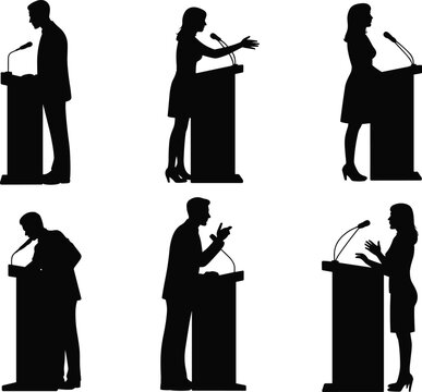 Silhouette politicians giving speeches at podium microphones isolated on white background public speaking concept illustration