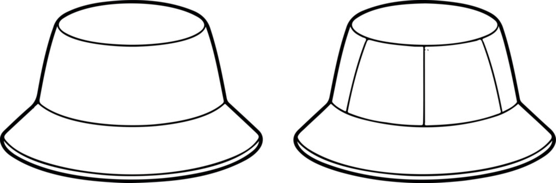 Minimal Bucket Hat Line Art Vector Set Featuring Front Profile And Top View Headwear Templates