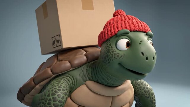 Playful turtle with a red beanie carrying a cardboard box, evokes innovation and readiness for adventure, ideal for marketing and social media use.