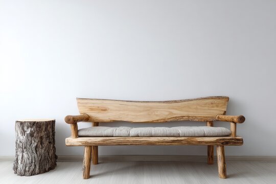 Rustic wooden bench and tree stump table situated against a plain light wall