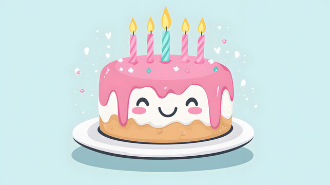 Smiling cartoon cake with pink icing and lit candles on a plate for birthday celebrations
