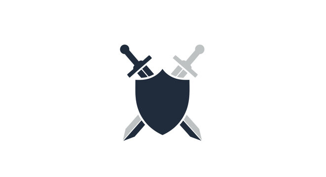 Shield with crossed swords logo symbol.