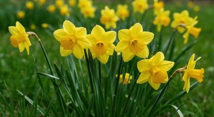 Fototapeta premium Spring daffodils in a grassy field. Bright yellow flowers with pale yellow centers. Fresh green foliage