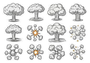 Obraz premium Stylized cartoon explosion effects set with various smoke clouds and impact bursts, comic book visual elements vector illustration.