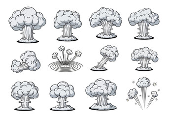 Obraz premium Cartoon Explosion Effects Collection with Various Smoke Clouds and Impact Blasts, Isolated Graphic Elements for Design Projects