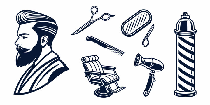 A diverse collection of barber tools and accessories arranged in a row. Vector