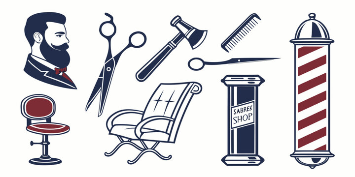 A collection of barber tools including scissors, clippers, and combs. Vector