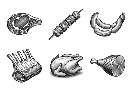 Set of assorted meat cuts and poultry products in a vintage woodcut engraving style featuring steak ribs chicken and sausages
