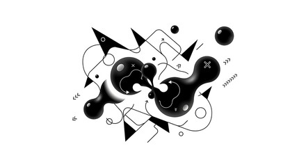 Abstract Black and White Composition with Geometric Shapes and Fluid Elements.