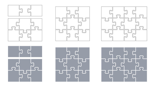 Puzzle template set with jigsaw piece outlines in various configurations. Vector puzzles set with different sizes. Blank patterns for games, business, educational projects, creative design work