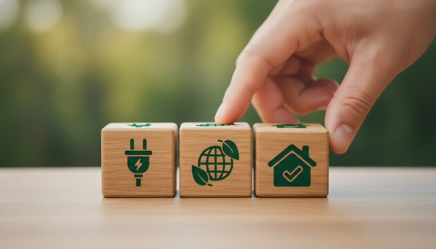Eco friendly energy and green home concept on wooden blocks