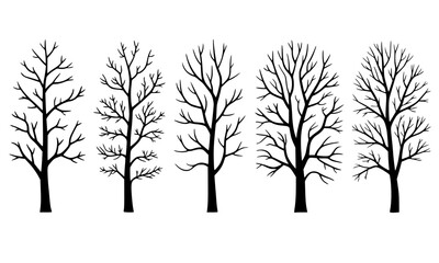 Fototapeta premium Set of black silhouette bare trees without leaves in various shapes, perfect for autumn, winter, and Halloween themed nature, forest, and botanical design projects