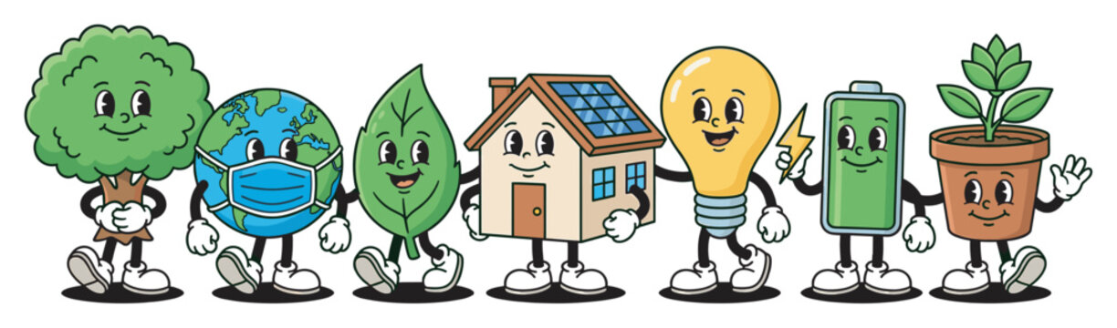 Group of cute cartoon environmental characters including a tree, planet earth, leaf, solar house, lightbulb, battery, and plant stand together in a friendly retro style
