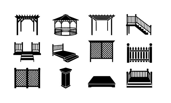 Black silhouette icon set of outdoor garden structures including pergola, gazebo, fence, deck, arbor, and pavilion designs for landscape architecture vector illustration