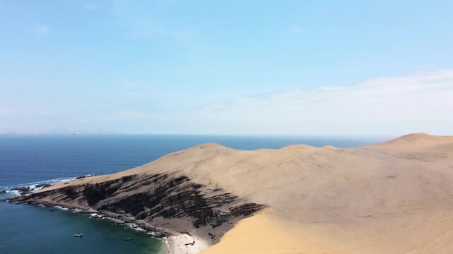 Drone aerial view, blue sea and clear sky blue mountain and boat in Paracas National Park, Peru 4k