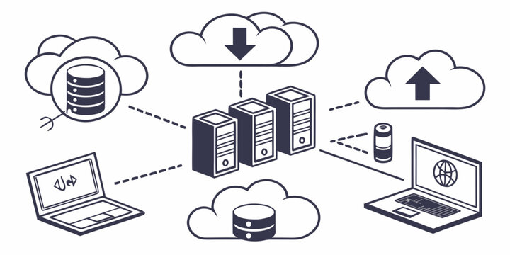Cloud computing infrastructure with multiple devices and servers connected Vector